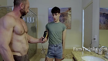 Shy Stepson Helps Step-dad Shave His ball-sac nut of babymakers